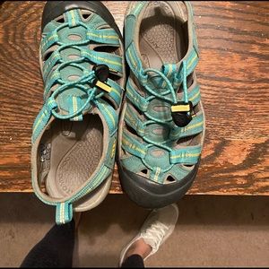 Teal and yellow Waterproof slide on Keens.